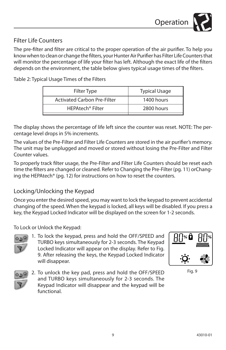 Operation, Filter life counters, Locking/unlocking the keypad | Hunter Fan 30721A User Manual | Page 9 / 18