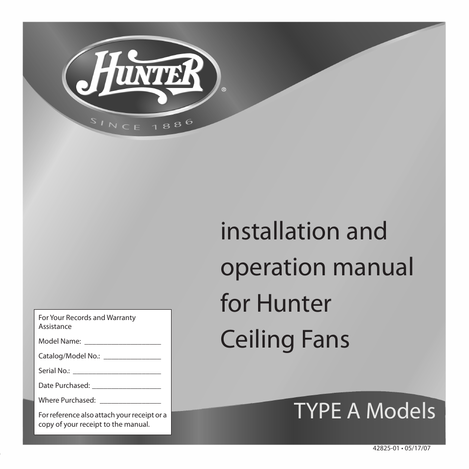 Hunter Fan HUNTER CEILING FAN TYPE User Manual | 15 pages