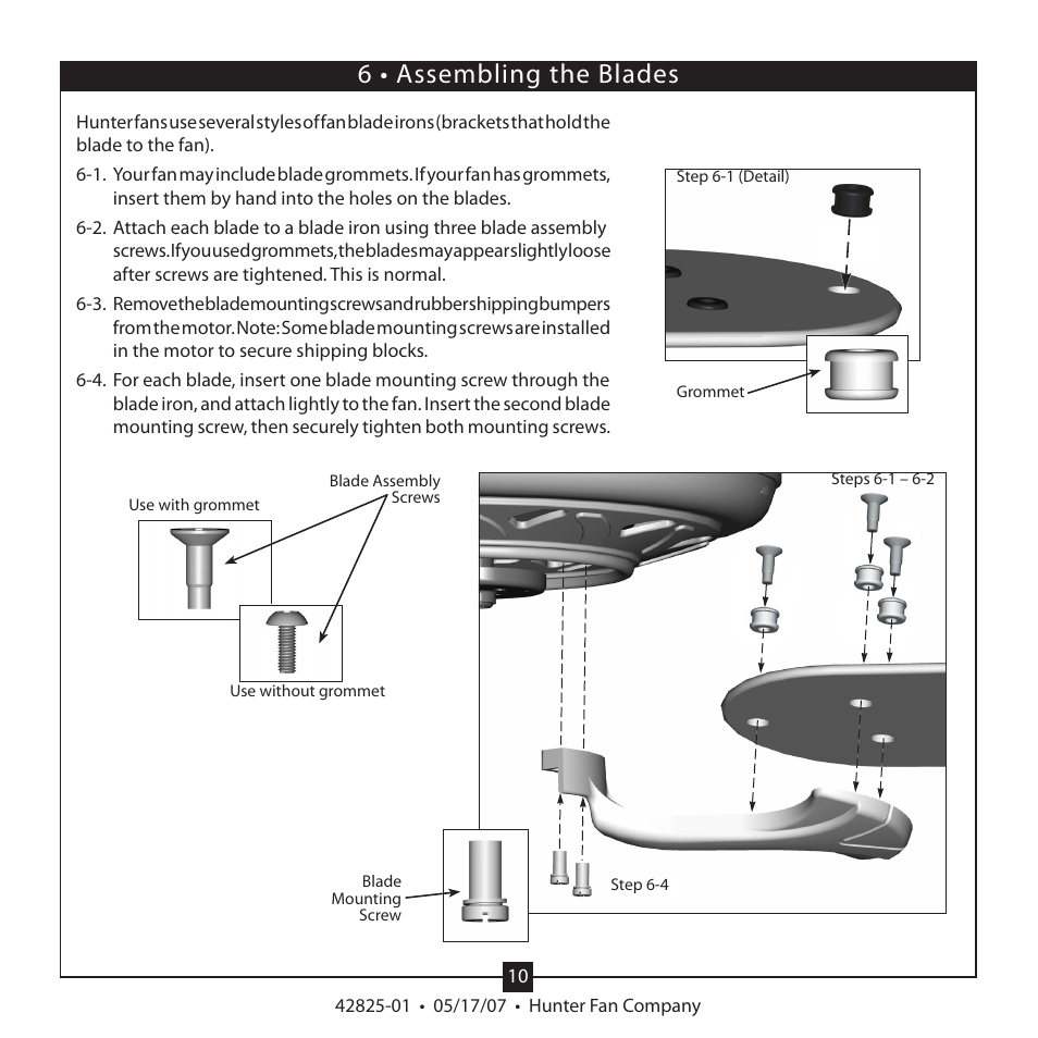 6 • assembling the blades | Hunter Fan HUNTER CEILING FAN TYPE User Manual | Page 10 / 15