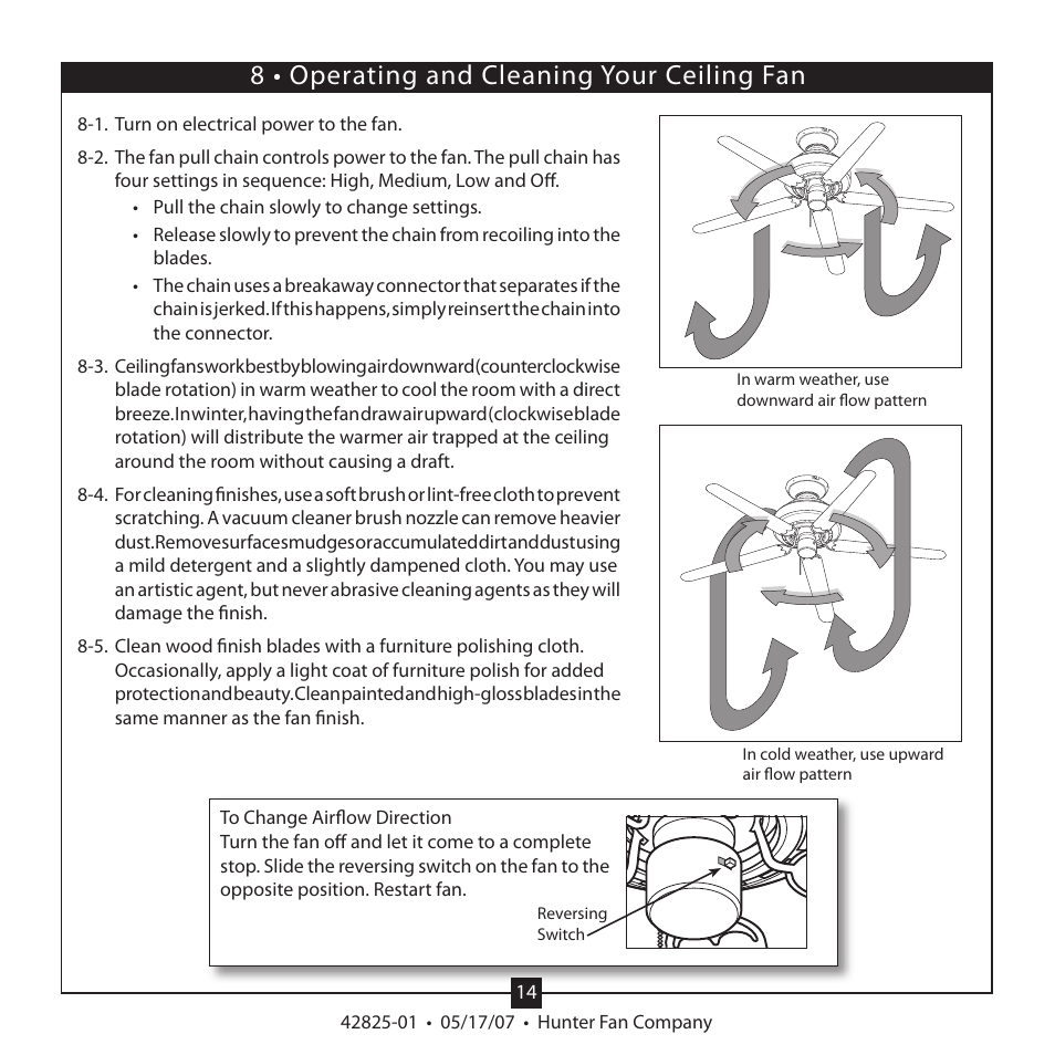 8 • operating and cleaning your ceiling fan | Hunter Fan HUNTER CEILING FAN TYPE User Manual | Page 14 / 15