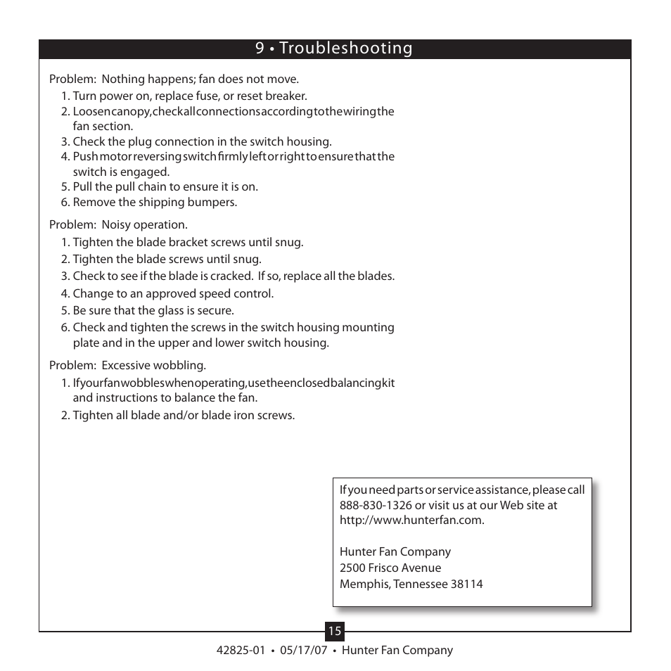 9 • troubleshooting | Hunter Fan HUNTER CEILING FAN TYPE User Manual | Page 15 / 15