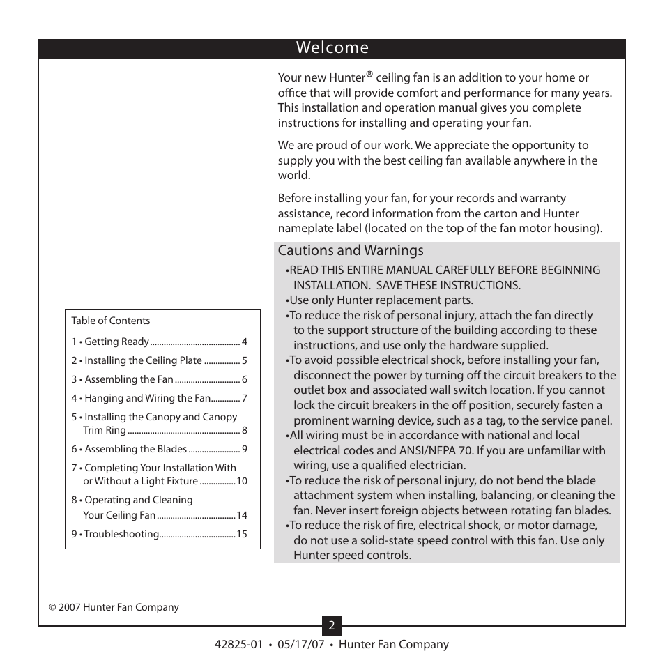 Welcome, Cautions and warnings | Hunter Fan HUNTER CEILING FAN TYPE User Manual | Page 2 / 15