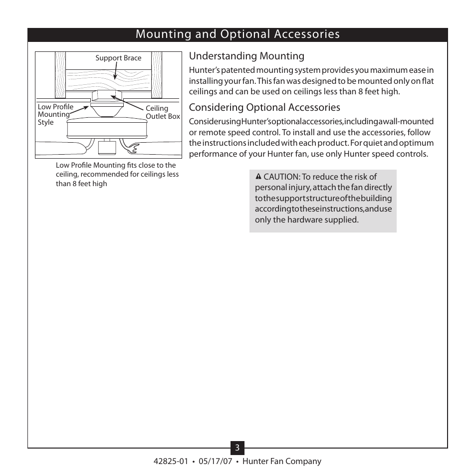 Mounting and optional accessories, Understanding mounting, Considering optional accessories | Hunter Fan HUNTER CEILING FAN TYPE User Manual | Page 3 / 15