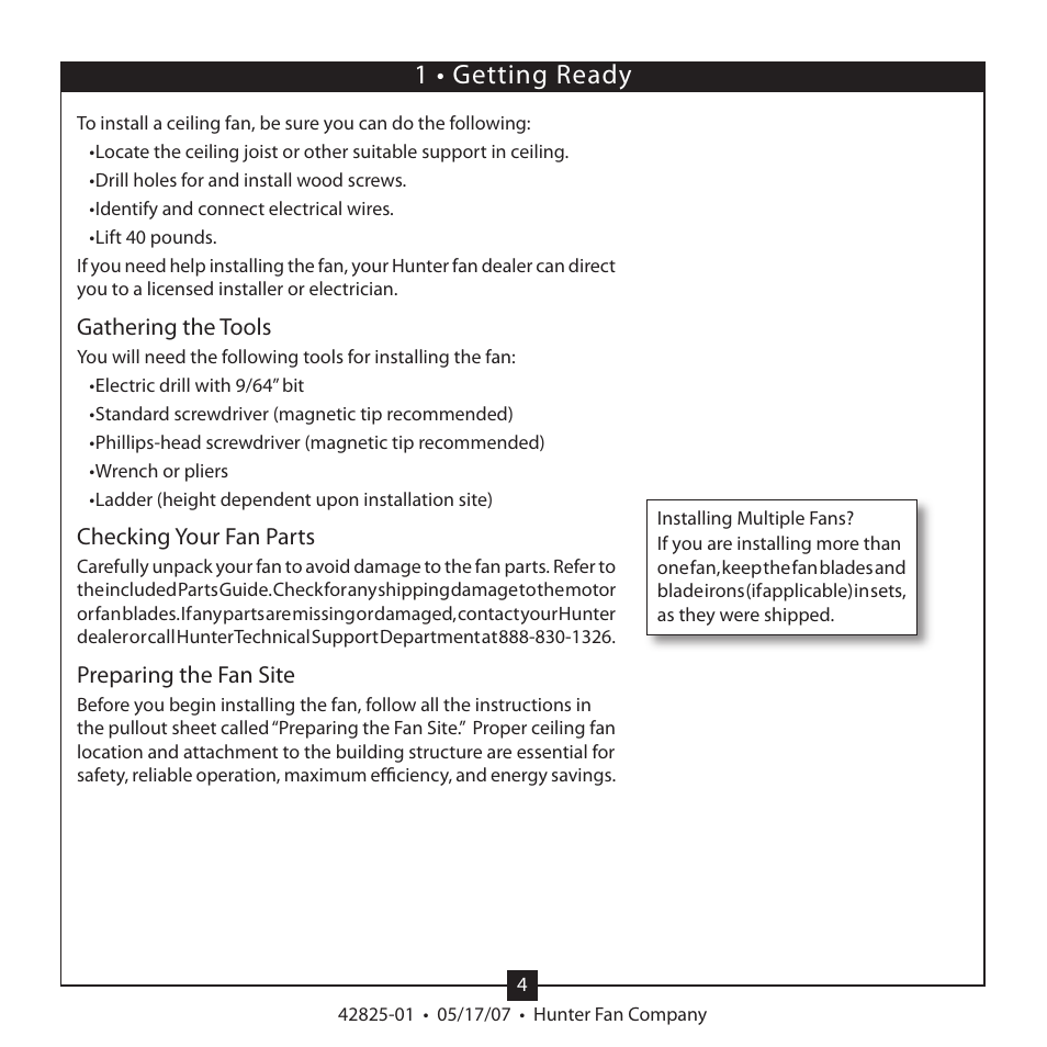 1 • getting ready | Hunter Fan HUNTER CEILING FAN TYPE User Manual | Page 4 / 15