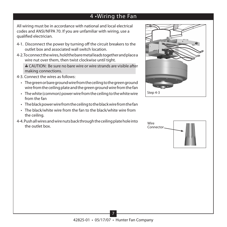 4 •wiring the fan | Hunter Fan HUNTER CEILING FAN TYPE User Manual | Page 7 / 15