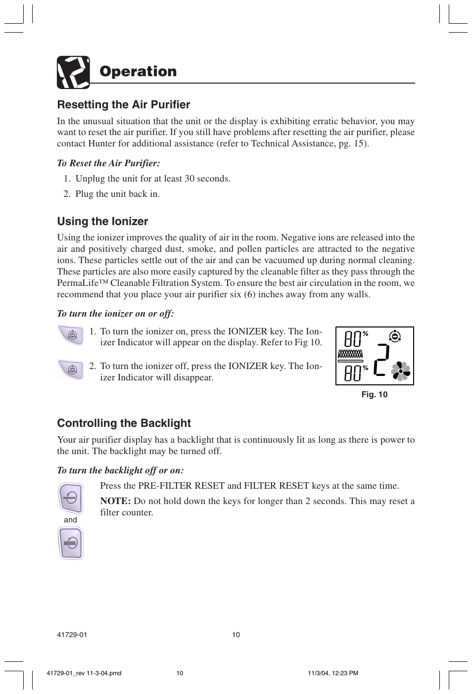 Operation, Resetting the air purifier, Using the ionizer | Controlling the backlight | Hunter Fan 30755 User Manual | Page 10 / 18