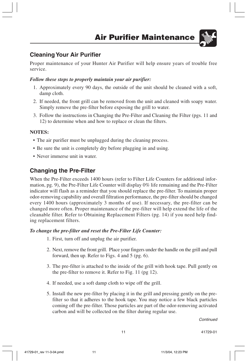 Air purifier maintenance, Cleaning your air purifier, Changing the pre-filter | Hunter Fan 30755 User Manual | Page 11 / 18