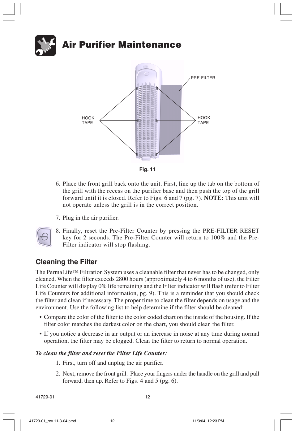 Air purifier maintenance, Cleaning the filter | Hunter Fan 30755 User Manual | Page 12 / 18