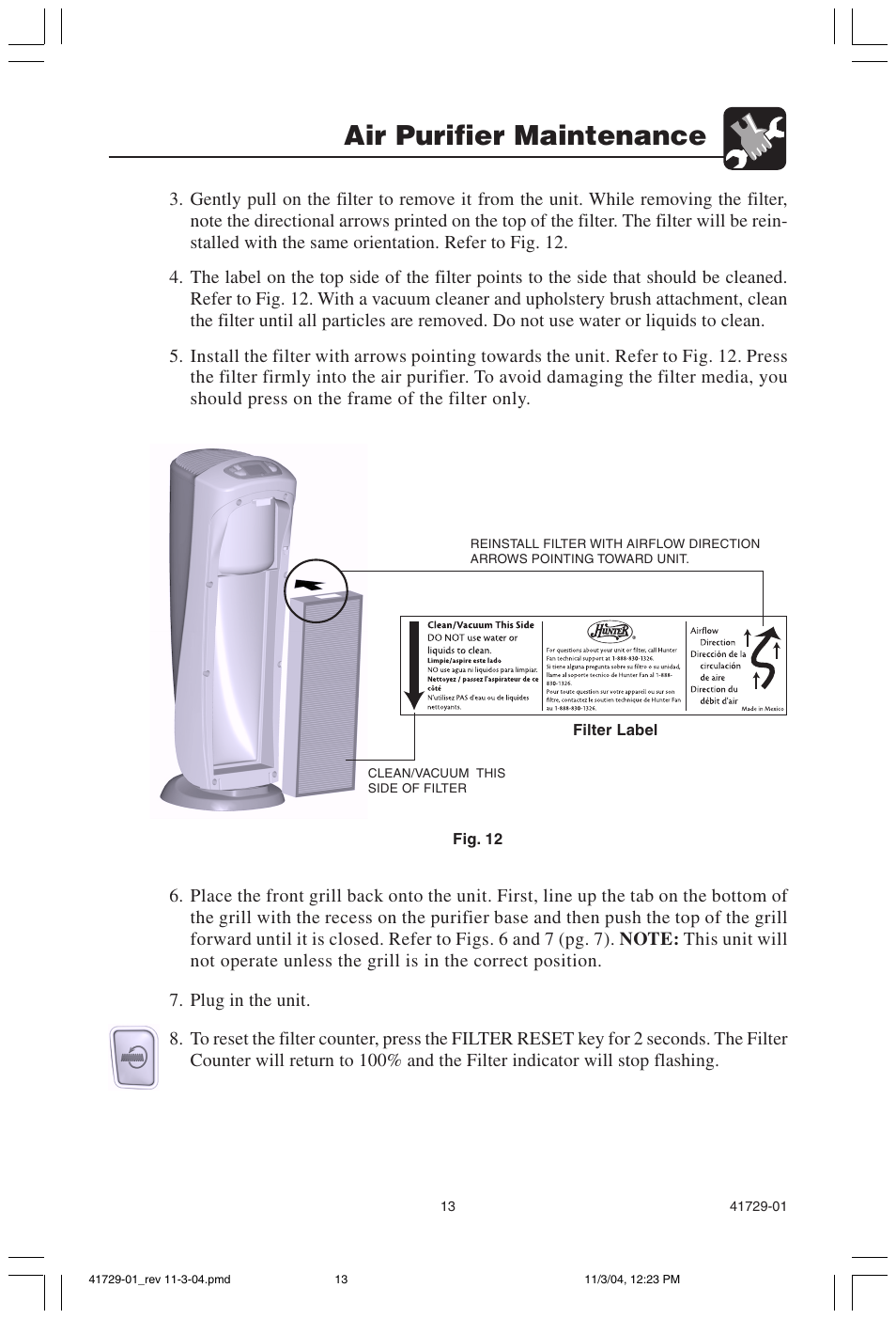 Air purifier maintenance | Hunter Fan 30755 User Manual | Page 13 / 18