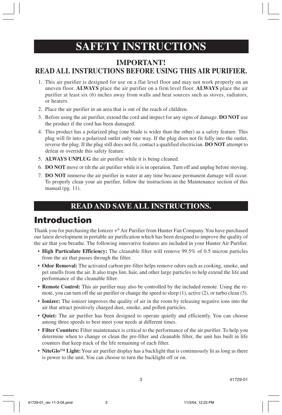 Safety instructions, Introduction, Read and save all instructions | Hunter Fan 30755 User Manual | Page 3 / 18