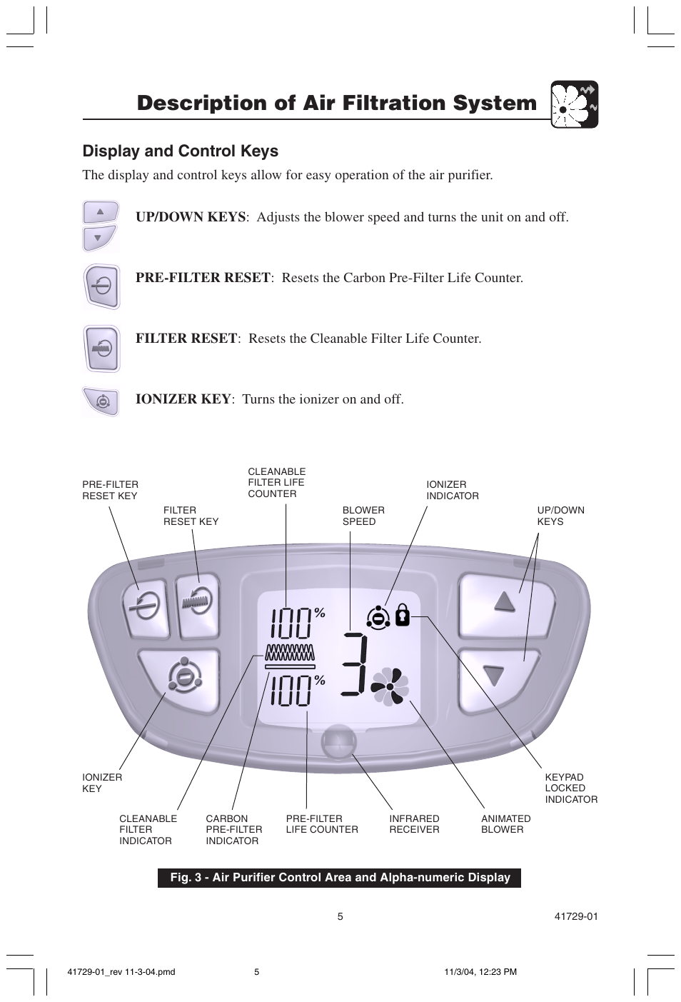 Description of air filtration system, Display and control keys | Hunter Fan 30755 User Manual | Page 5 / 18