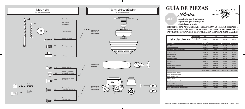 Guía de piezas, Materiales, Piezas del ventilador | Parada, Alto, Lista de piezas, X 3 x 1 x 4 | Hunter Fan 23898 User Manual | Page 2 / 2