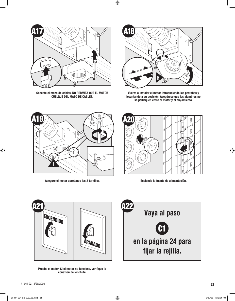 Vaya al paso en la página 24 para fijar la rejilla | Hunter Fan 82003 User Manual | Page 21 / 28