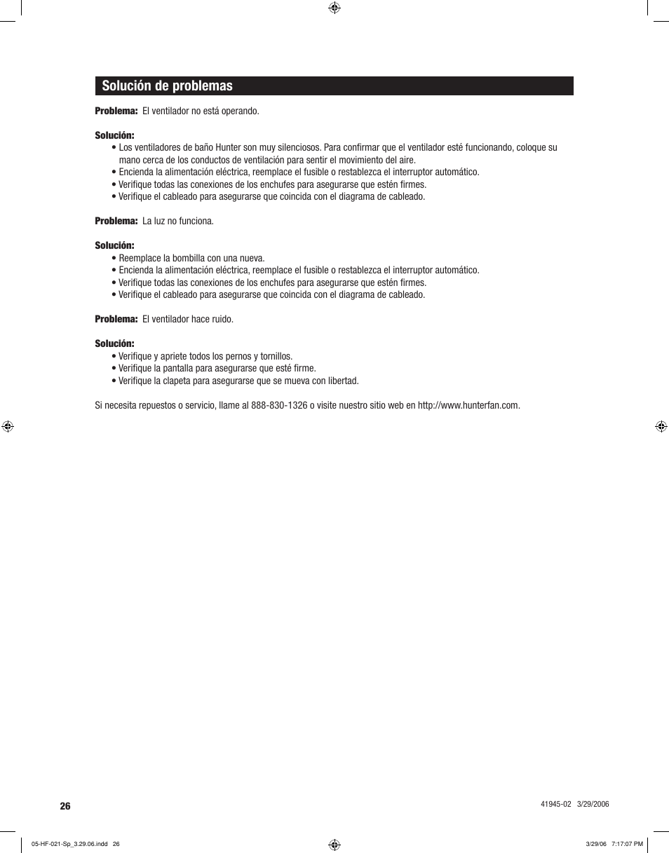 Solución de problemas | Hunter Fan 82003 User Manual | Page 26 / 28