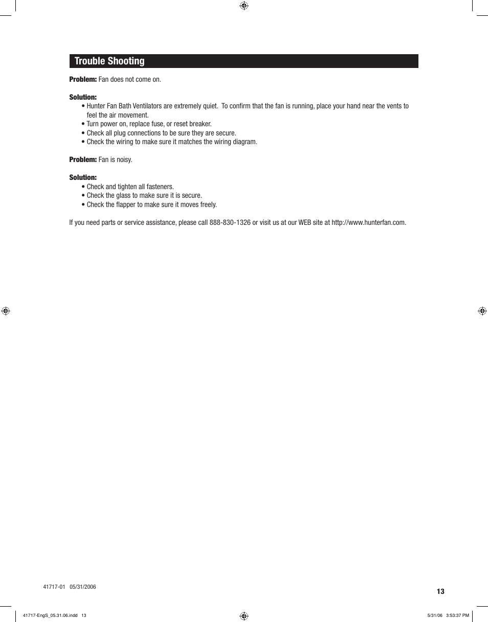 Trouble shooting | Hunter Fan SPA SELECT 90051 User Manual | Page 13 / 28
