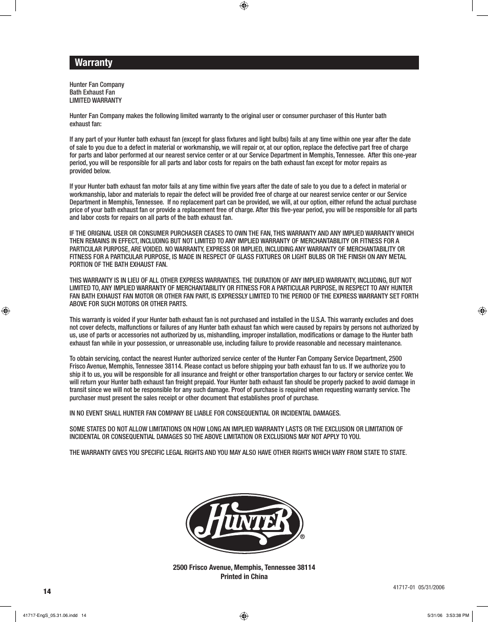 Warranty | Hunter Fan SPA SELECT 90051 User Manual | Page 14 / 28