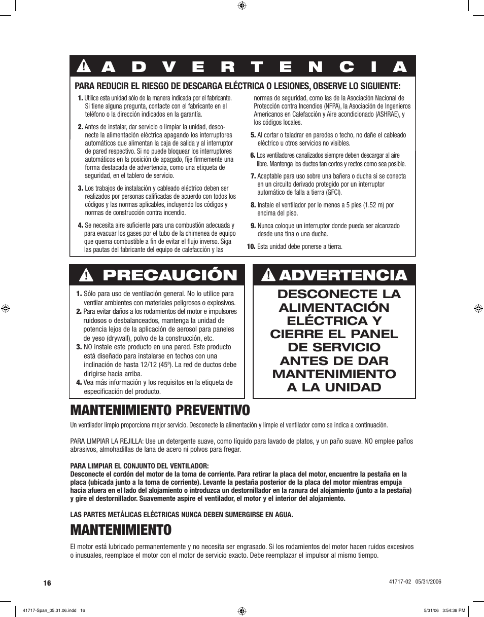 Mantenimiento preventivo, Mantenimiento, Precaución advertencia | Hunter Fan SPA SELECT 90051 User Manual | Page 16 / 28