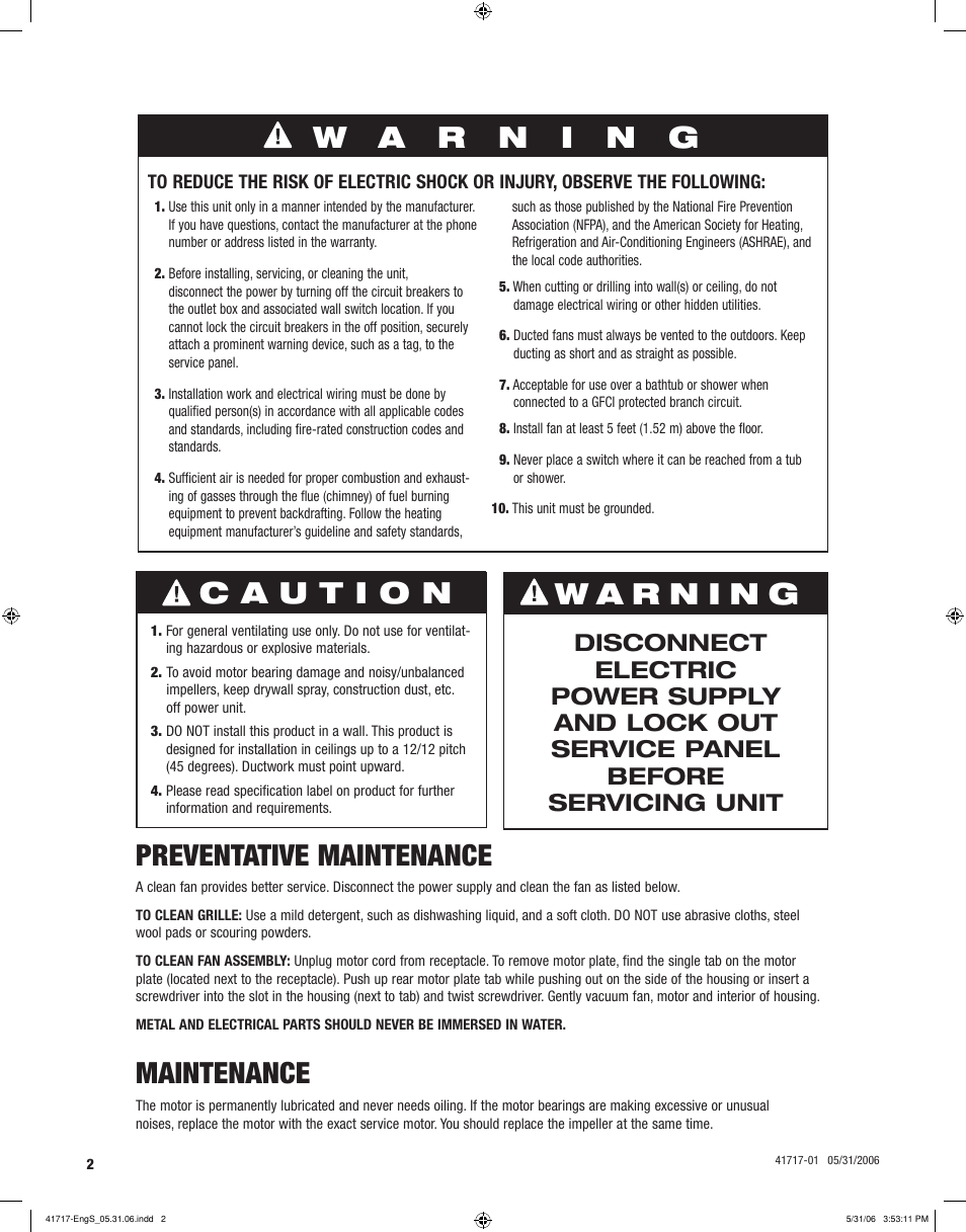 Preventative maintenance, Maintenance | Hunter Fan SPA SELECT 90051 User Manual | Page 2 / 28