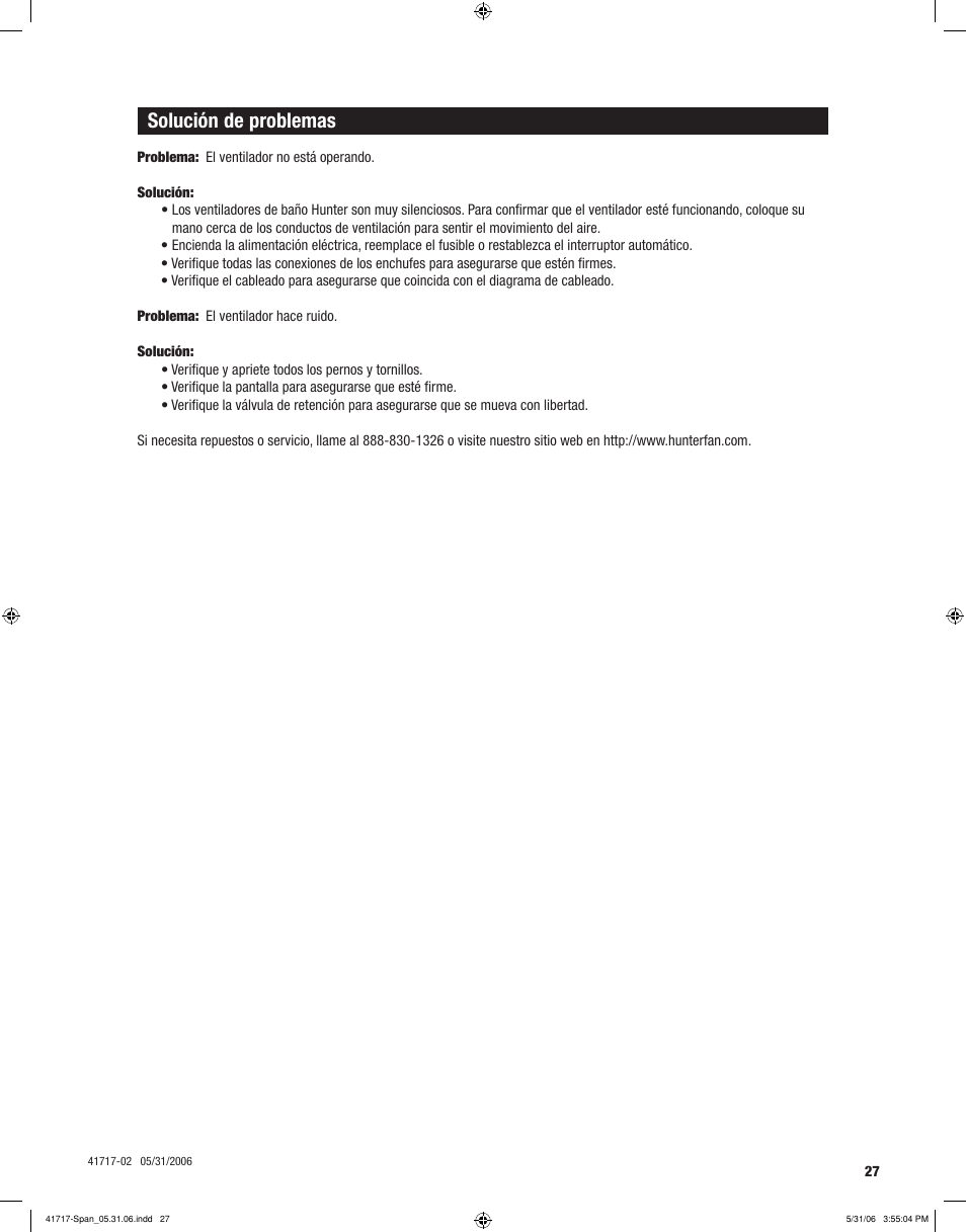 Solución de problemas | Hunter Fan SPA SELECT 90051 User Manual | Page 27 / 28
