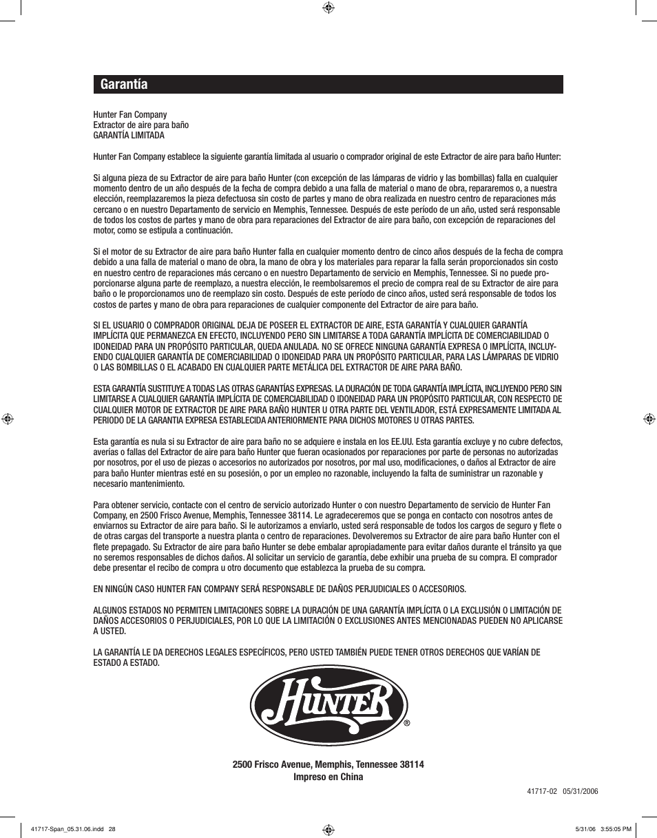 Garantía | Hunter Fan SPA SELECT 90051 User Manual | Page 28 / 28