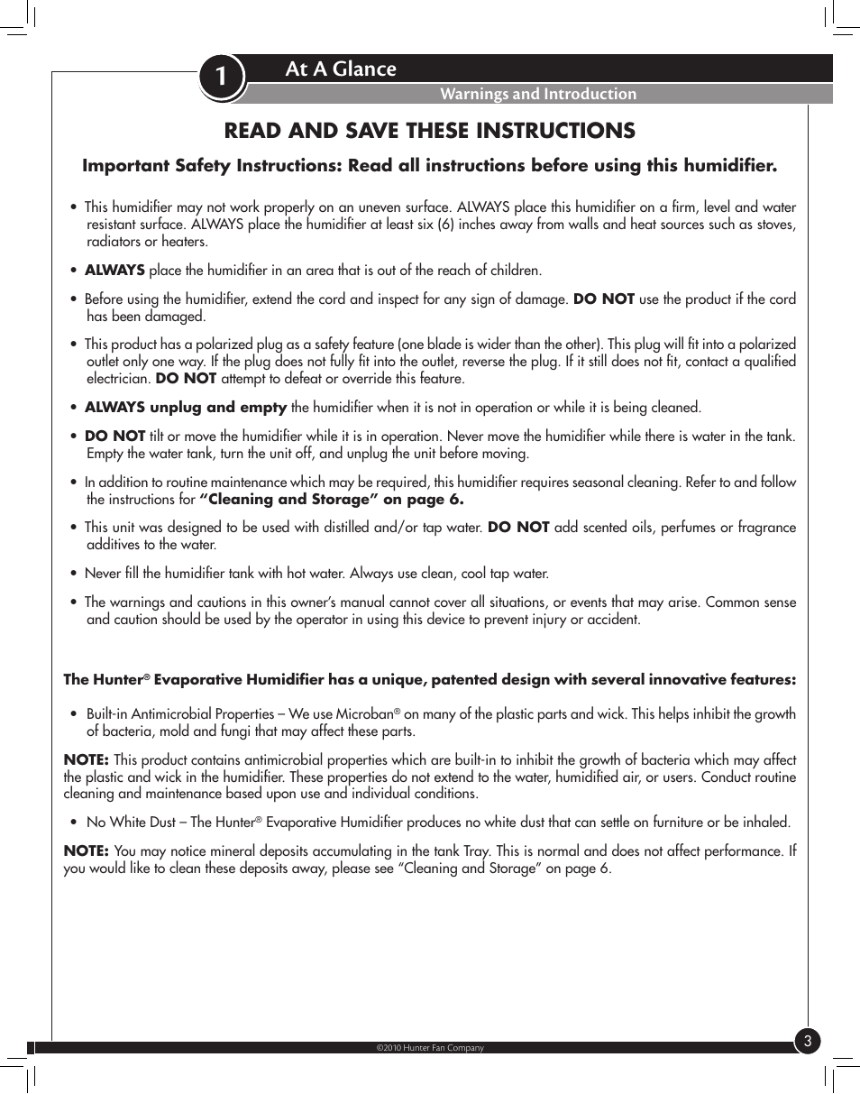 At a glance, Warnings and introduction, Read and save these instructions | Hunter Fan 33116 User Manual | Page 3 / 11