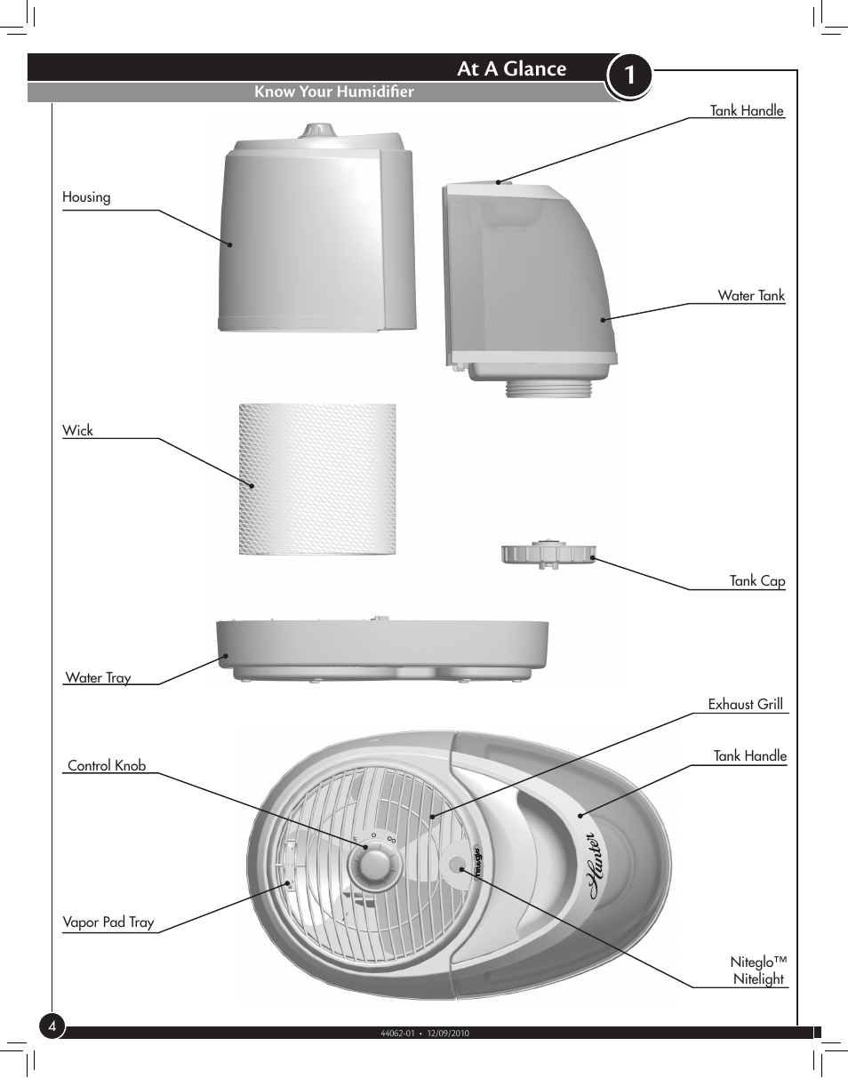 Know your humidifier, At a glance | Hunter Fan 33116 User Manual | Page 4 / 11