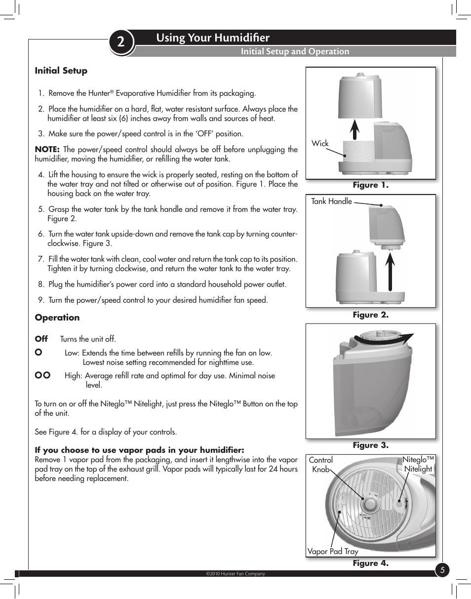 Using your humidifier, Initial setup and operation | Hunter Fan 33116 User Manual | Page 5 / 11