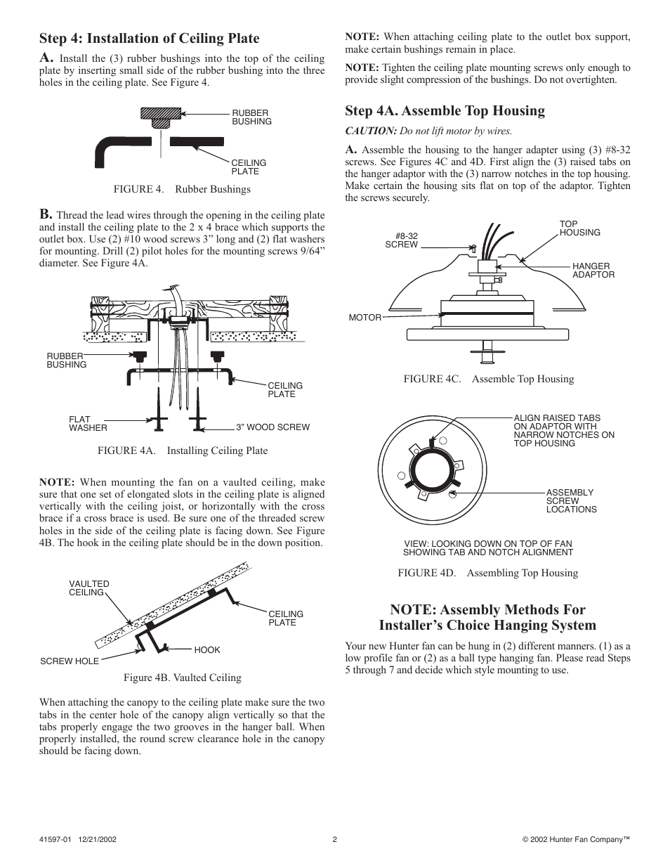 Step 4a. assemble top housing, Step 4: installation of ceiling plate a | Hunter Fan 41597-01 User Manual | Page 2 / 7