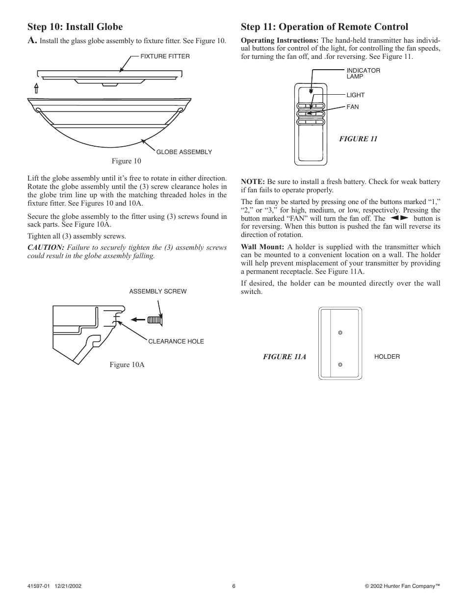 Step 10: install globe a, Step 11: operation of remote control | Hunter Fan 41597-01 User Manual | Page 6 / 7