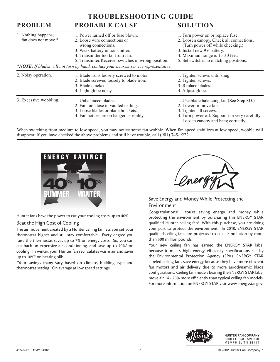 Troubleshooting guide, Problem probable cause solution | Hunter Fan 41597-01 User Manual | Page 7 / 7