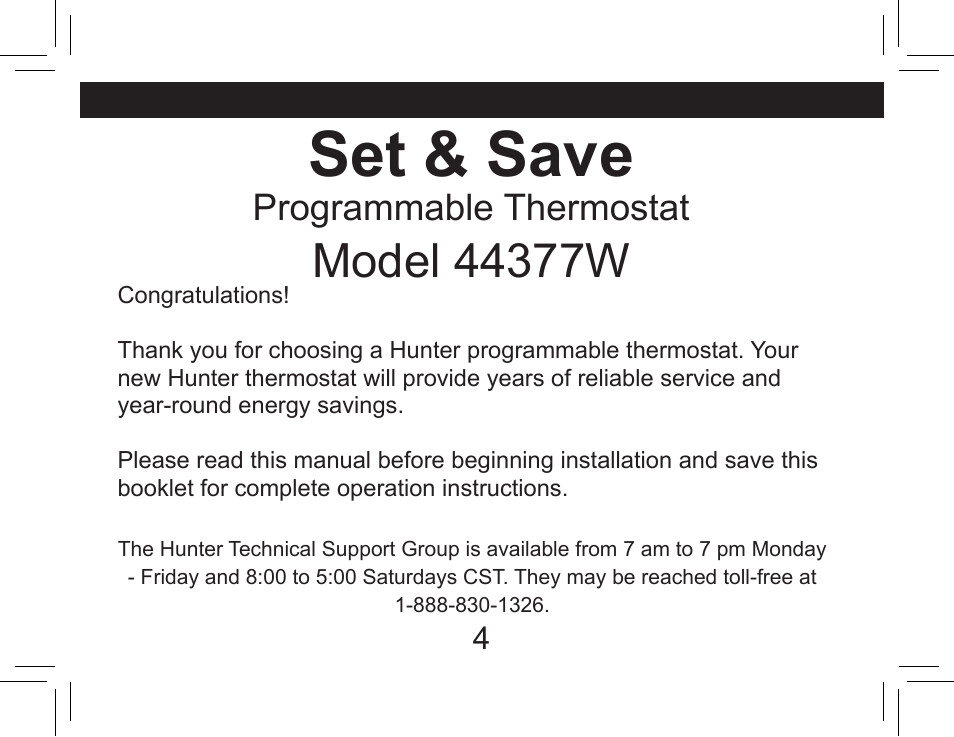 Set & save, Programmable thermostat | Hunter Fan 44377W User Manual | Page 4 / 64