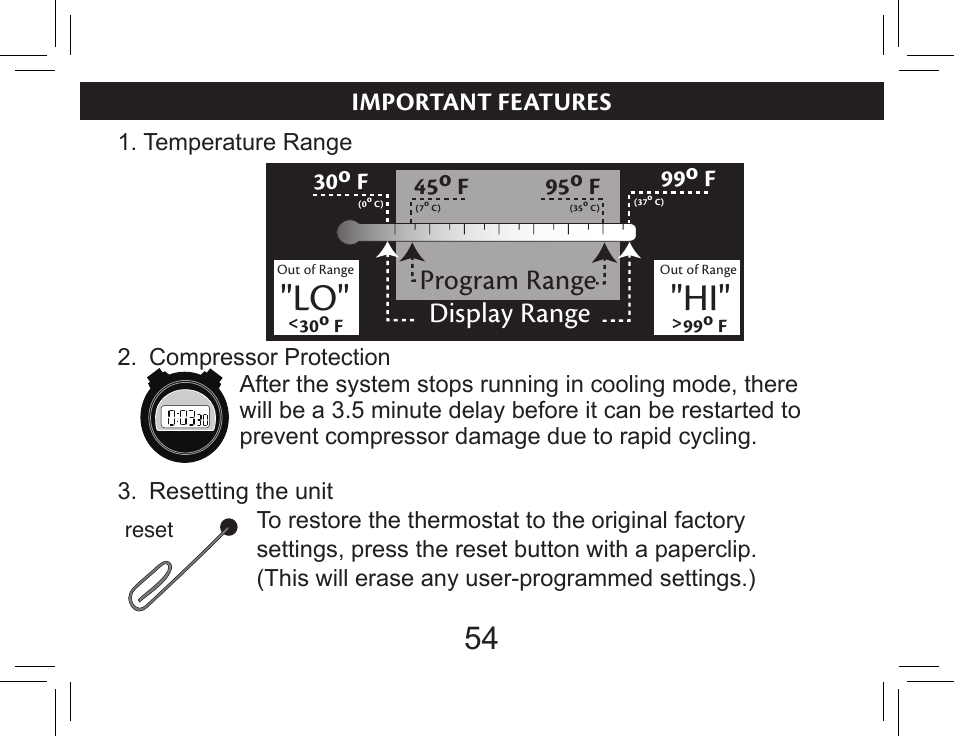Important features, Display range, Program range | Hunter Fan 44377W User Manual | Page 54 / 64