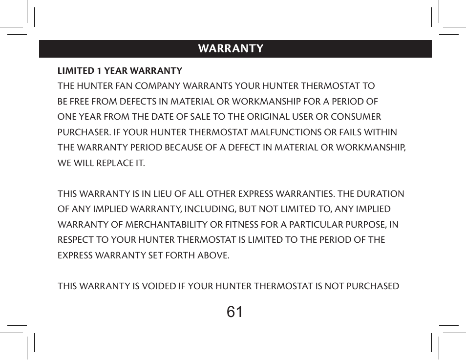 Warranty | Hunter Fan 44377W User Manual | Page 61 / 64