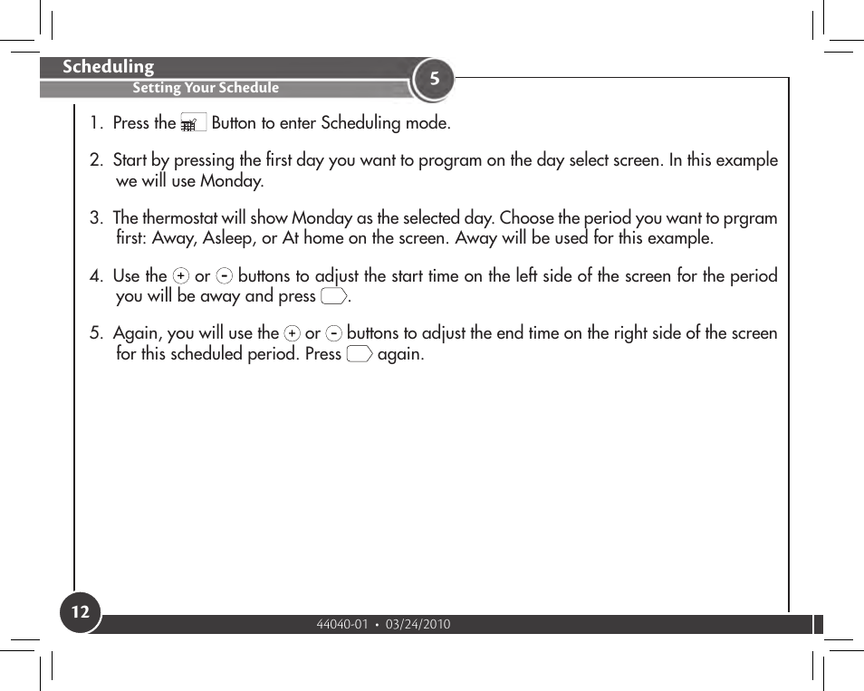 Setting your schedule, Scheduling | Hunter Fan 44905 User Manual | Page 12 / 54