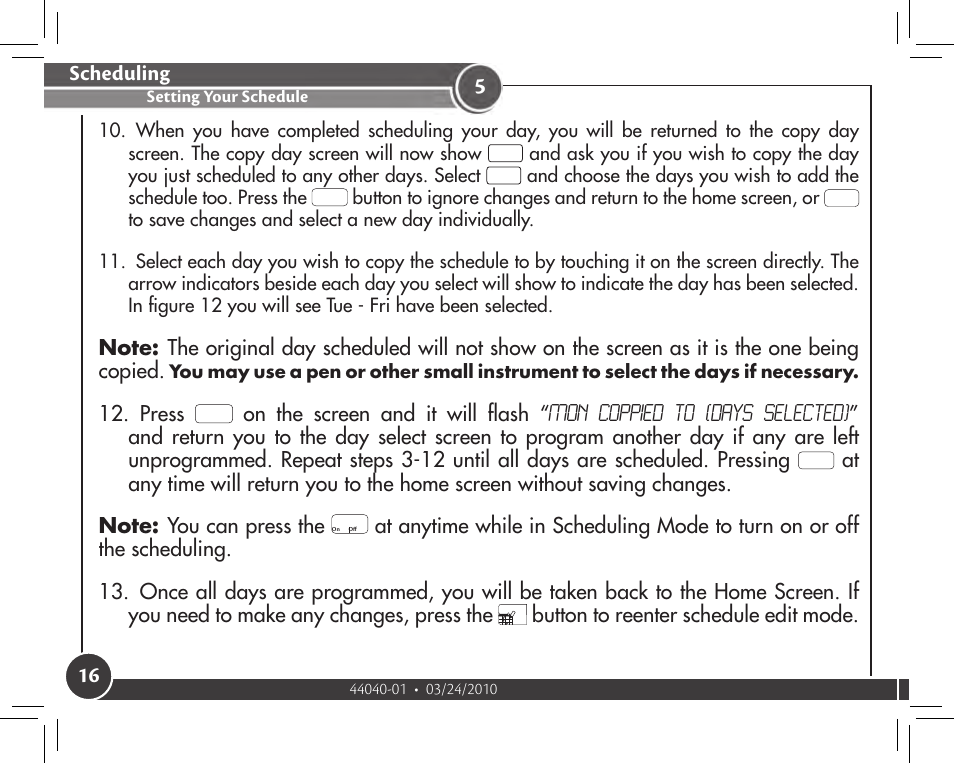 Scheduling, Press, Button to reenter schedule edit mode | Hunter Fan 44905 User Manual | Page 16 / 54