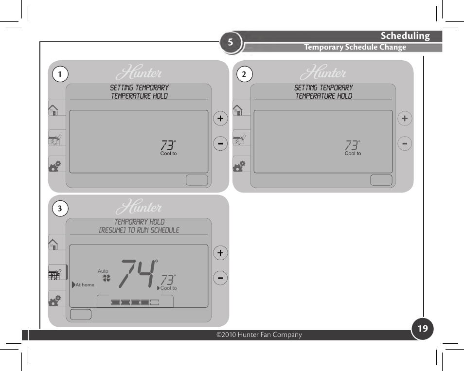 Scheduling, Temporary schedule change | Hunter Fan 44905 User Manual | Page 19 / 54