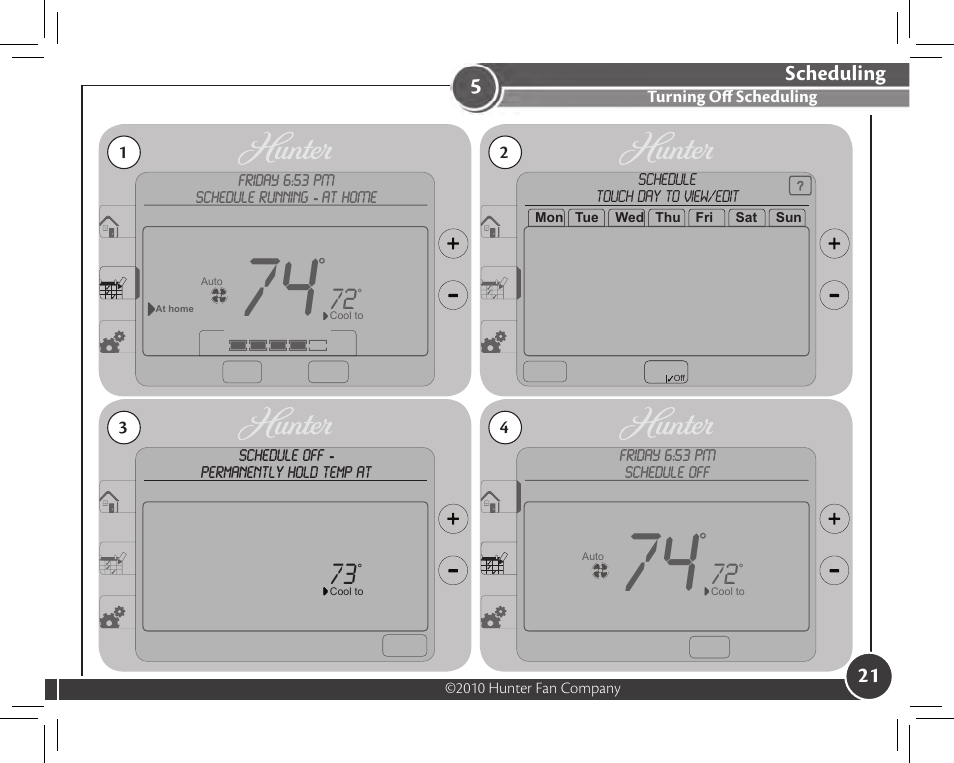 Scheduling, Turning off scheduling | Hunter Fan 44905 User Manual | Page 21 / 54