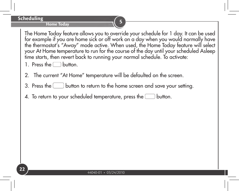 Home today, Scheduling | Hunter Fan 44905 User Manual | Page 22 / 54