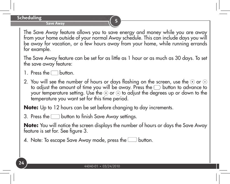 Save away, Scheduling | Hunter Fan 44905 User Manual | Page 24 / 54