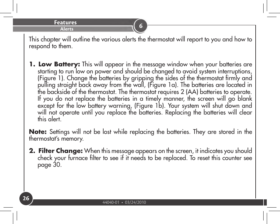Features, Alerts | Hunter Fan 44905 User Manual | Page 26 / 54
