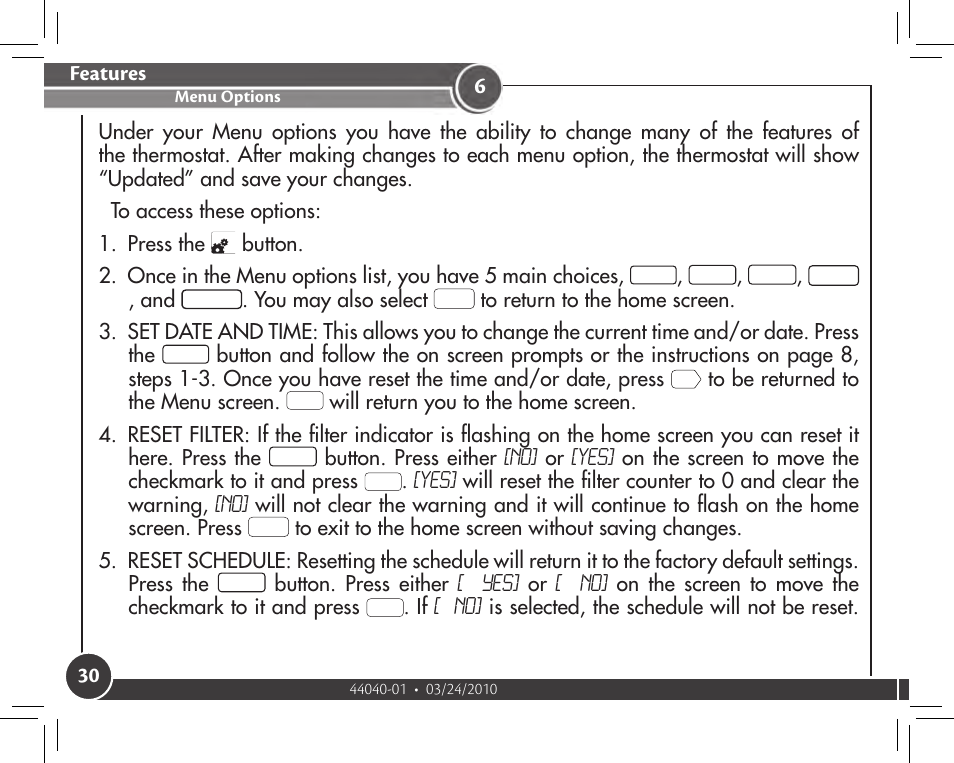 Menu options, Features, You may also select | Hunter Fan 44905 User Manual | Page 30 / 54