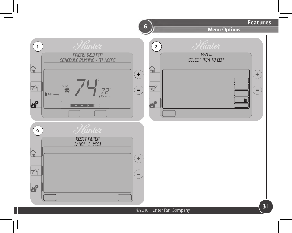 Features, Menu options | Hunter Fan 44905 User Manual | Page 31 / 54