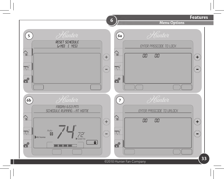Features, Menu options | Hunter Fan 44905 User Manual | Page 33 / 54