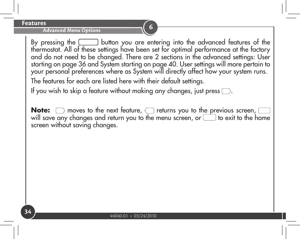 Advanced menu options, Features | Hunter Fan 44905 User Manual | Page 34 / 54