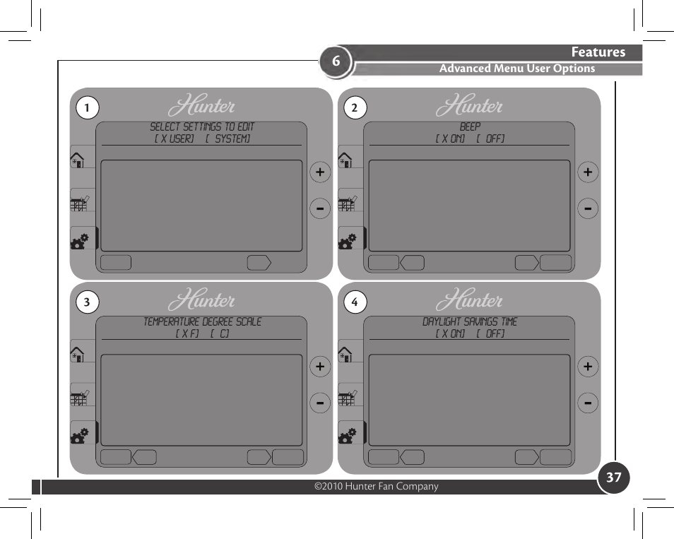 Features, Advanced menu user options, 2010 hunter fan company | Hunter Fan 44905 User Manual | Page 37 / 54
