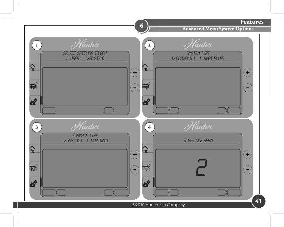 Features, Advanced menu system options | Hunter Fan 44905 User Manual | Page 41 / 54
