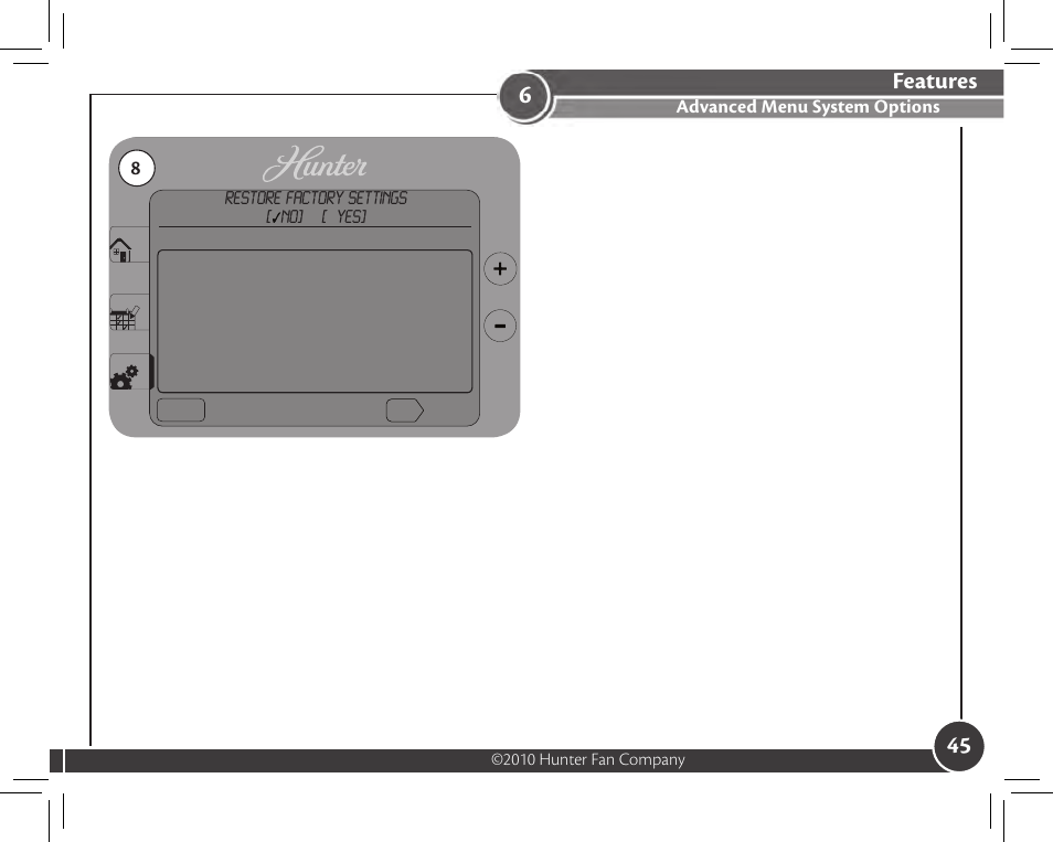Features, Advanced menu system options | Hunter Fan 44905 User Manual | Page 45 / 54