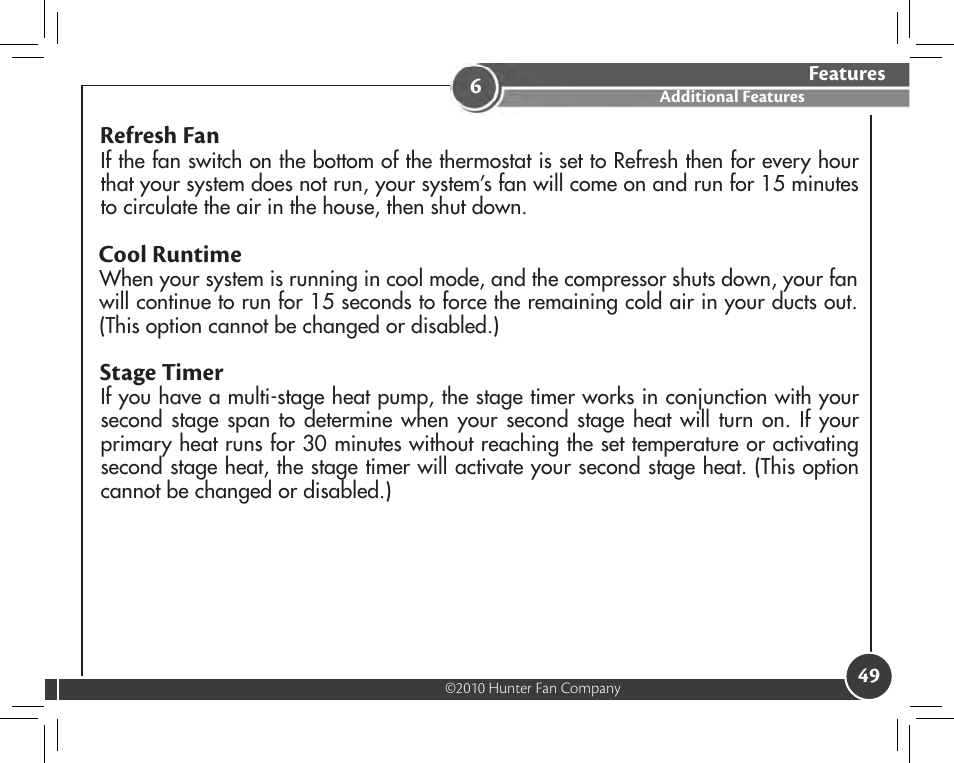 Refresh fan, Cool runtime, Stage timer | Hunter Fan 44905 User Manual | Page 49 / 54