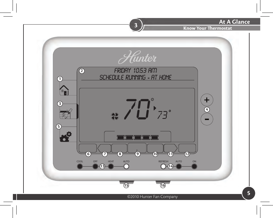 5at a glance, Friday 10:53 am schedule running - at home | Hunter Fan 44905 User Manual | Page 5 / 54