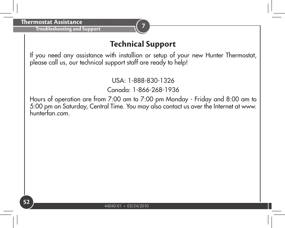 Technical support | Hunter Fan 44905 User Manual | Page 52 / 54